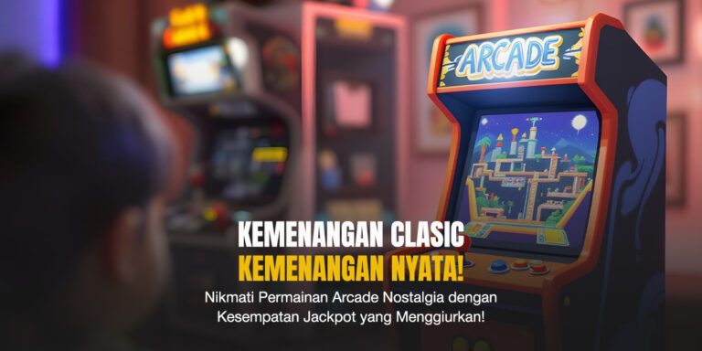 Mesin arcade klasik dengan layar menyala menunjukkan game retro di ruang bermain nostalgia dengan anak-anak dan lampu warna-warni.
