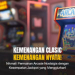 Mesin arcade klasik dengan layar menyala menunjukkan game retro di ruang bermain nostalgia dengan anak-anak dan lampu warna-warni.