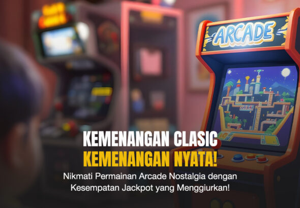 Mesin arcade klasik dengan layar menyala menunjukkan game retro di ruang bermain nostalgia dengan anak-anak dan lampu warna-warni.